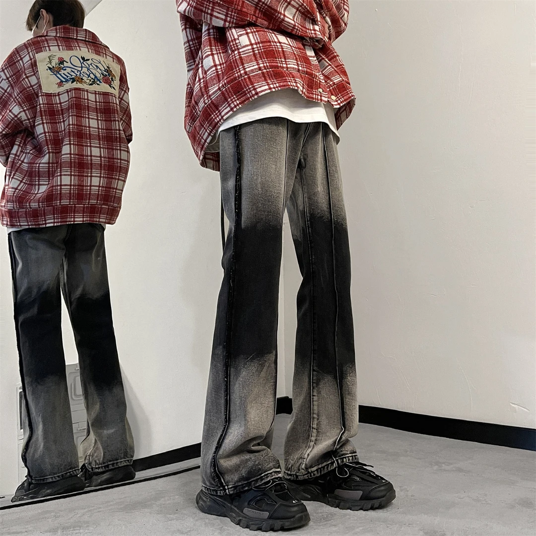 广州新塘水洗做旧牛仔裤男秋冬美式高街vibe潮牌痞帅直筒微喇裤子