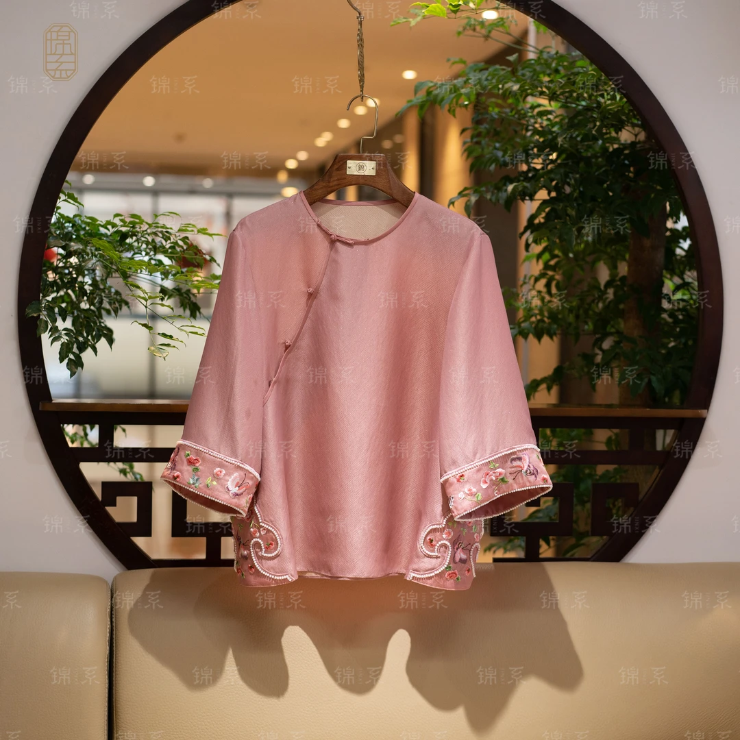 【锦·系】真丝新中式桑蚕丝圆领斜襟七分袖上衣C-36638-S3149961