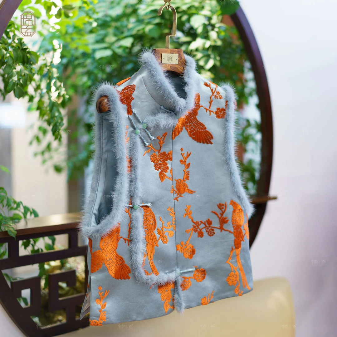 【锦系】漳绒缎新中式国风桑蚕丝貂毛镶边加棉马甲背心E-31207