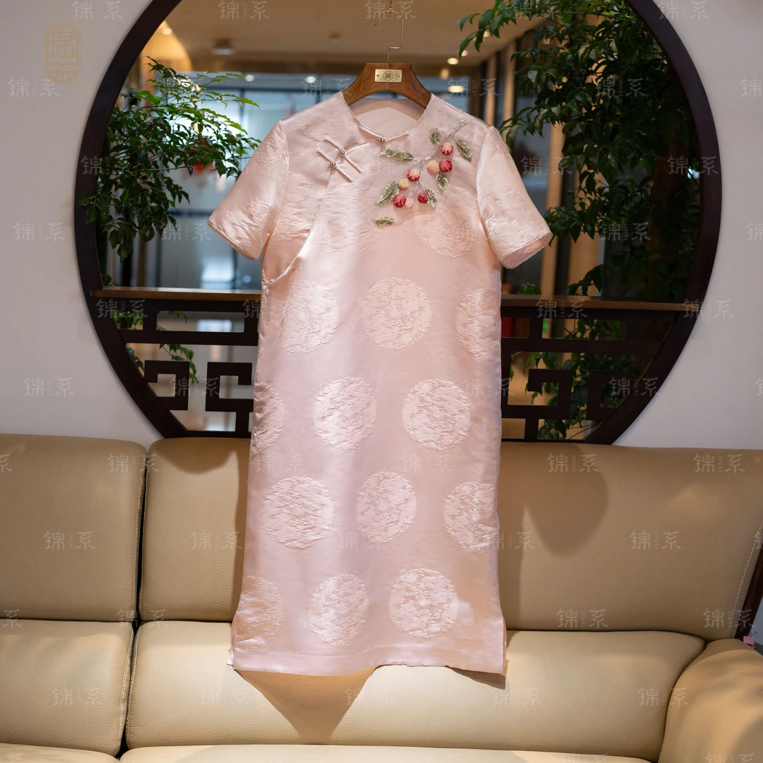 【锦·系】华锦缎新中式桑蚕丝绣花短袖连衣裙L-36492-HJD9133677