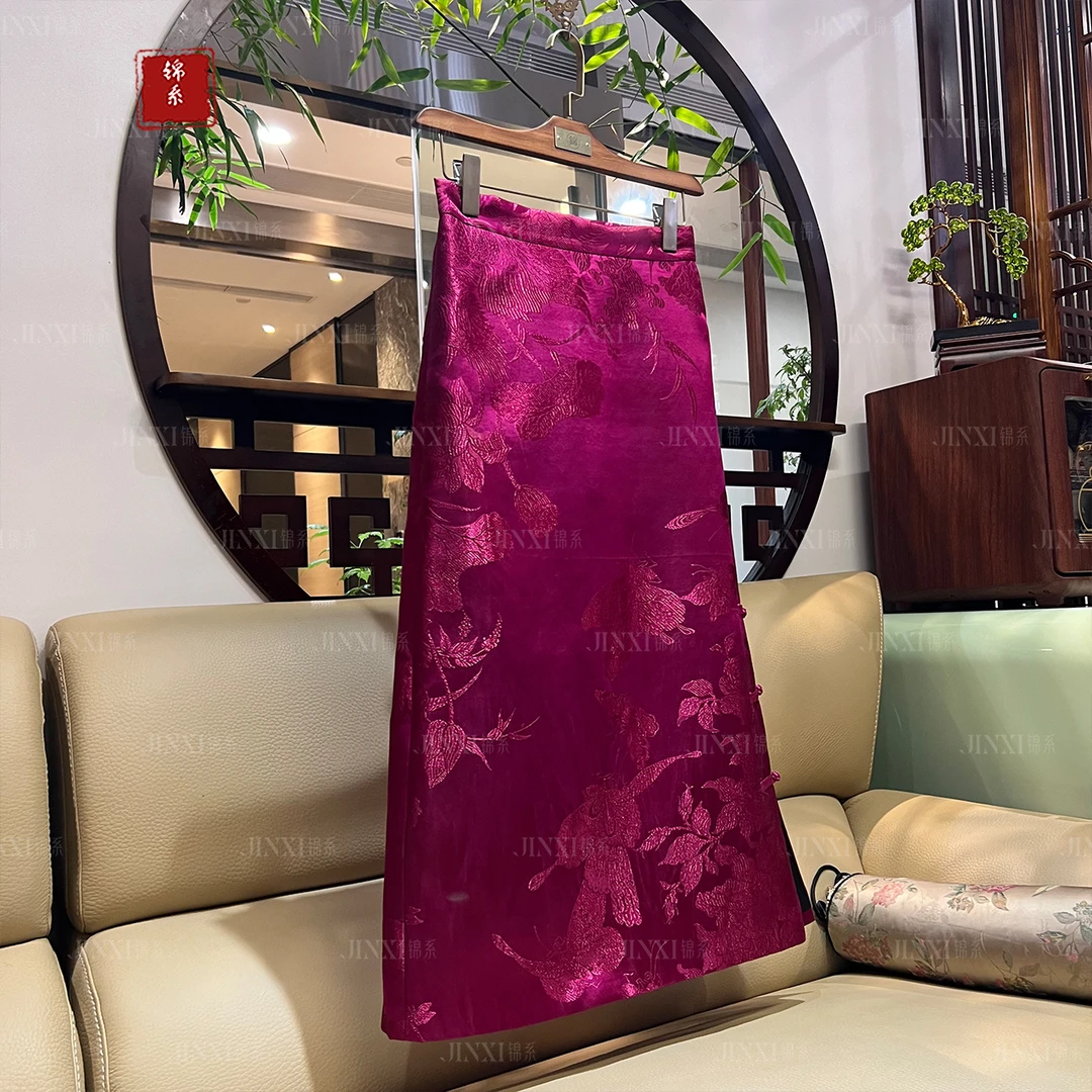 【锦系~新款】E-31785真丝老缎新中式国风桑蚕丝盘扣加棉半身裙