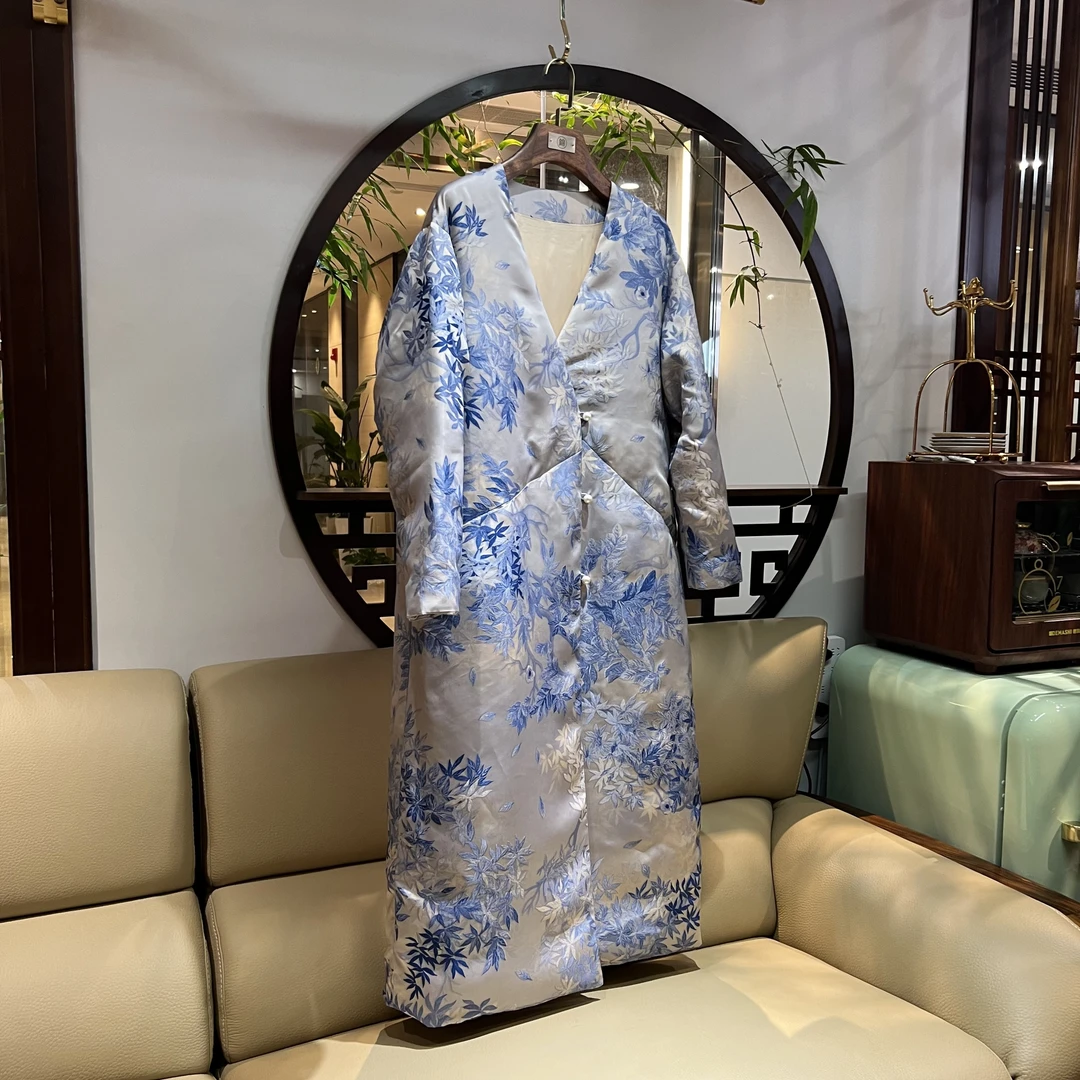 【锦系】L-31455真丝新中式国风桑蚕丝长款连衣裙鹅绒服