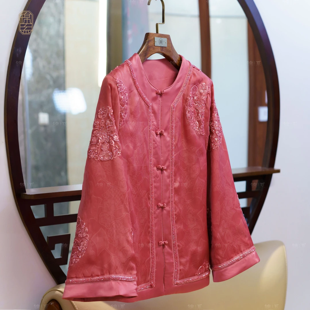 【锦系】真丝欧根纱提花中式国风桑蚕丝绣花加棉长袖外套E-382092