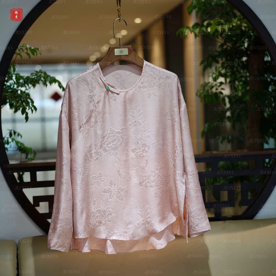 【锦系~新款】E-30136桑蚕丝花罗圆领斜襟长袖上衣S3149938