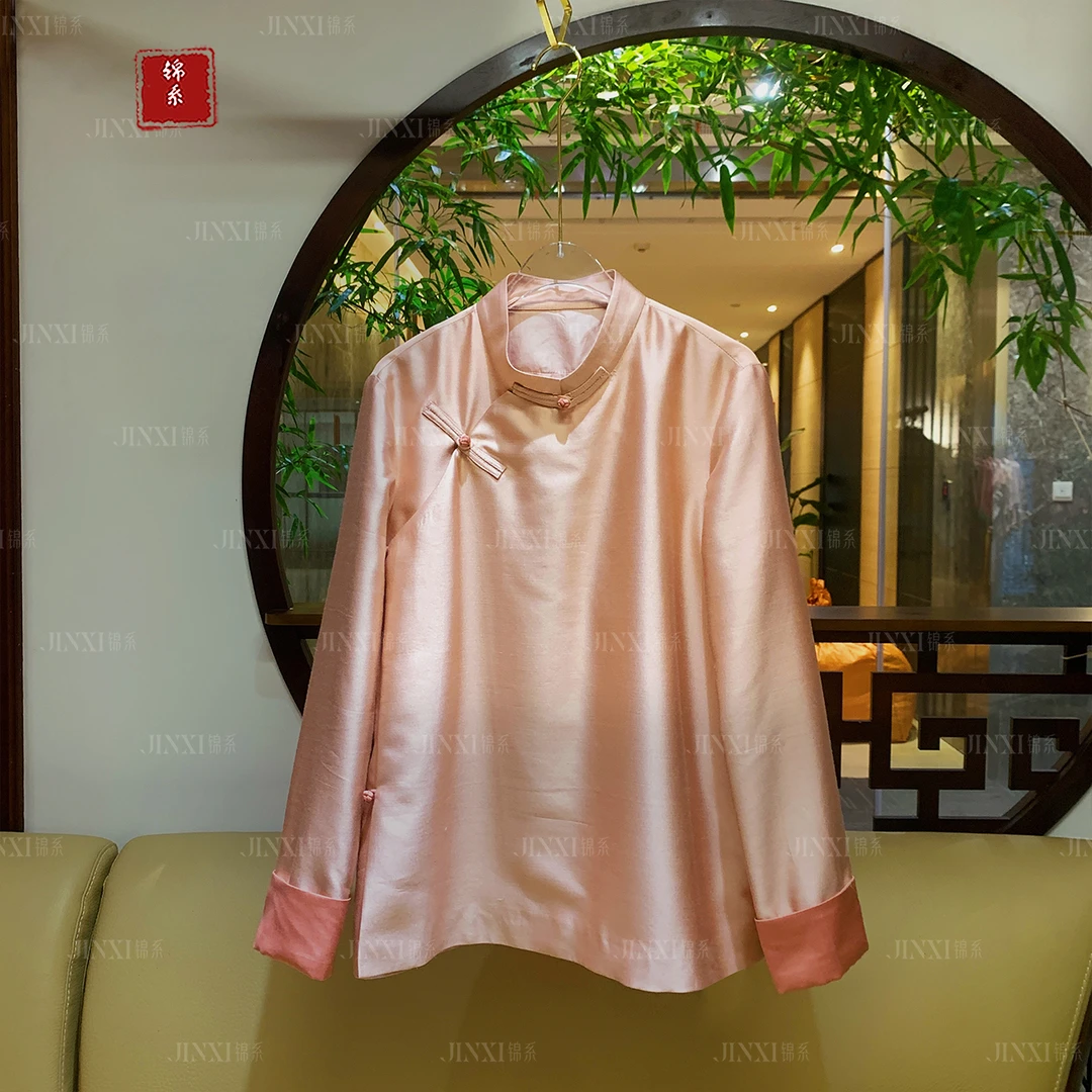 【锦·系】E-31250真丝羊毛新中式国风桑蚕丝立领斜襟撞色上衣