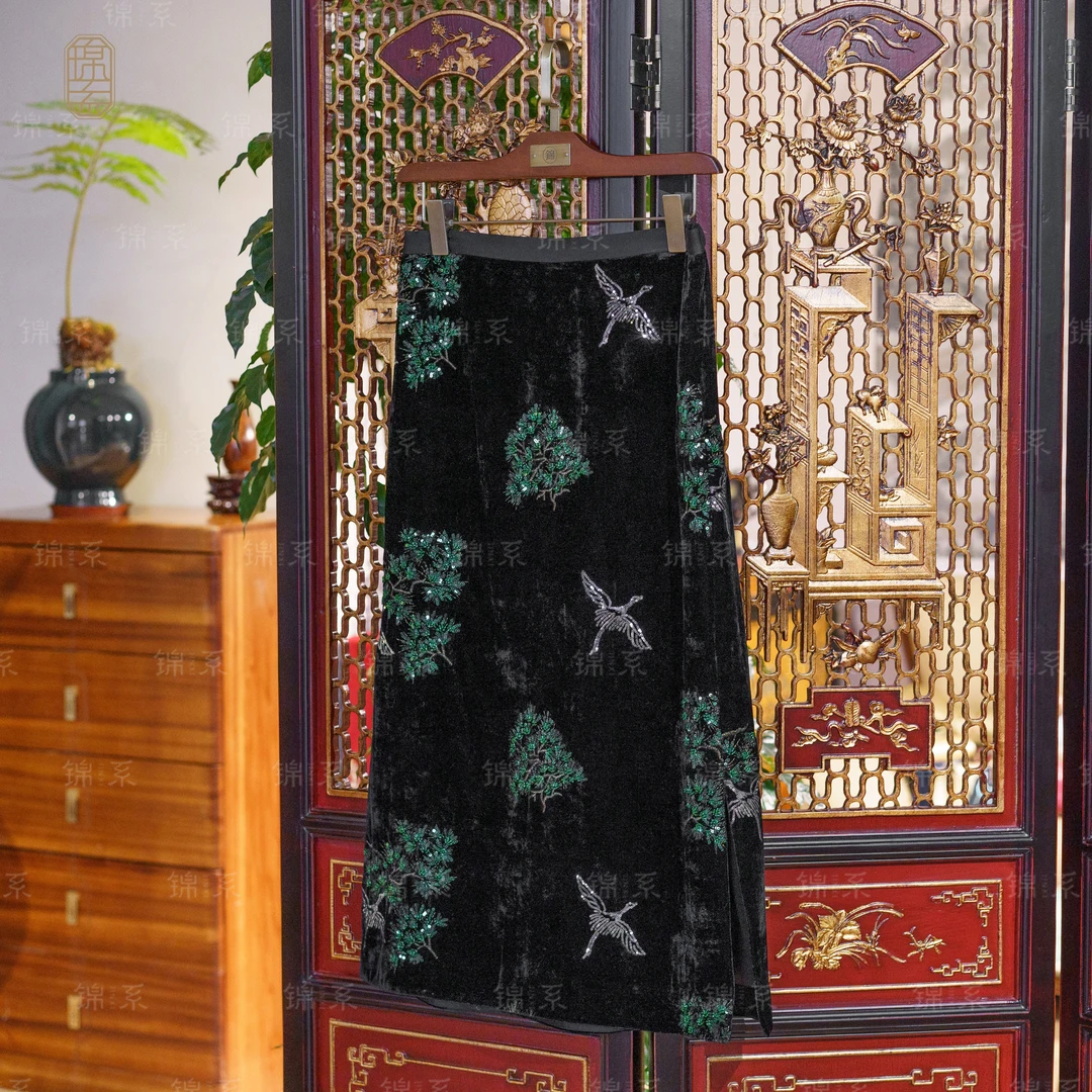 【锦系】真丝丝绒新中式桑蚕丝两侧开叉半裙Q-36901-S3882788