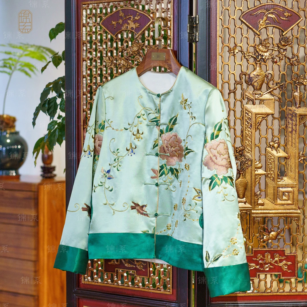 【锦系】丝毛缎新中式桑蚕丝绣花长袖加棉外套E-36918-S3149961