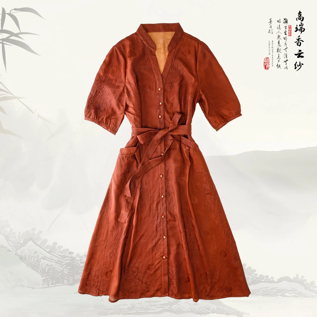 品牌新款香云纱桑蚕丝复古气质连衣裙424206