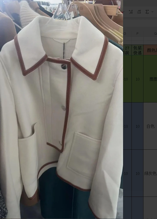 品牌新款翻领包边拼皮双口袋短款毛呢大衣33446