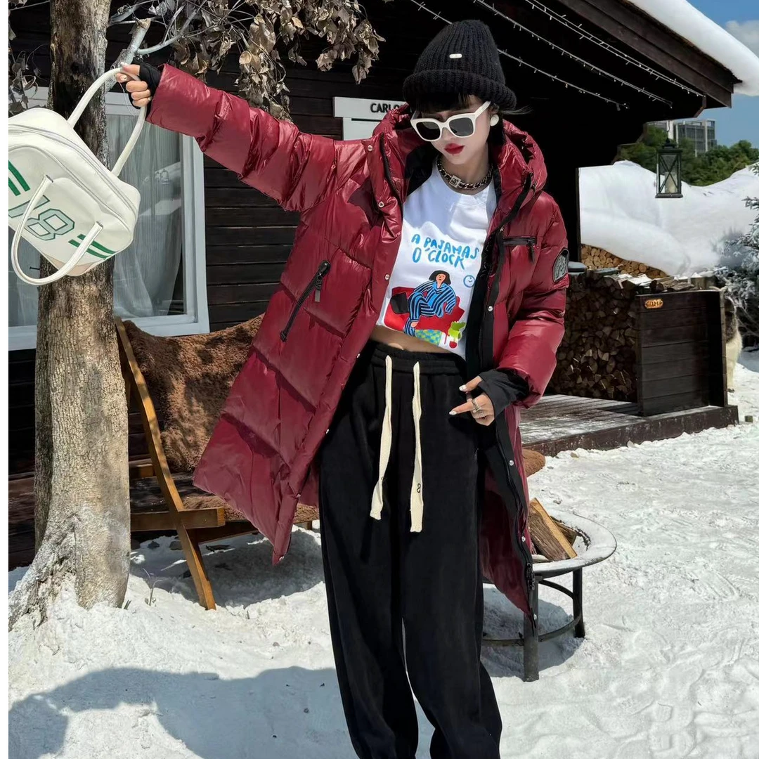 编号【B85】【85】免洗亮面羽绒服女秋冬宽松立领连帽白鸭绒长款-3138