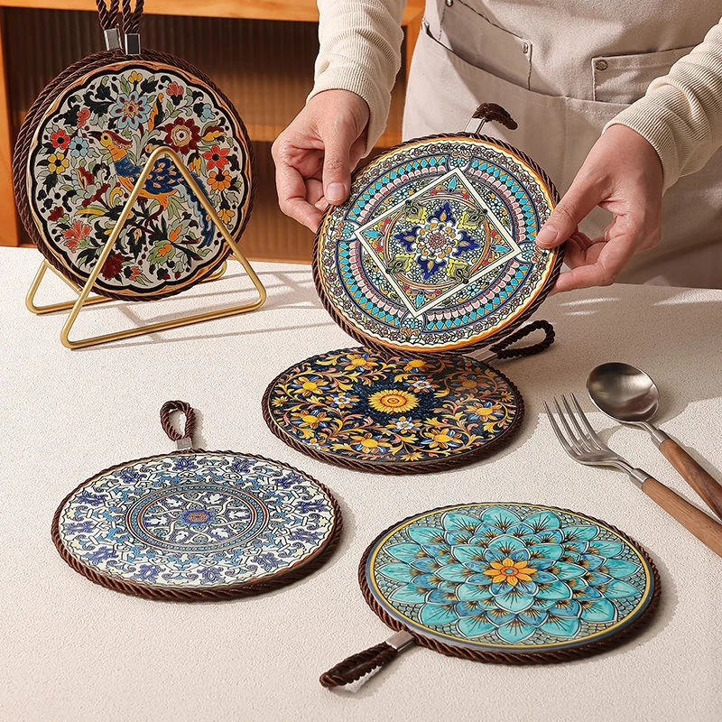 复古陶瓷新中式餐桌防滑餐盘垫隔热垫耐高温砂锅防烫垫珐琅锅垫子