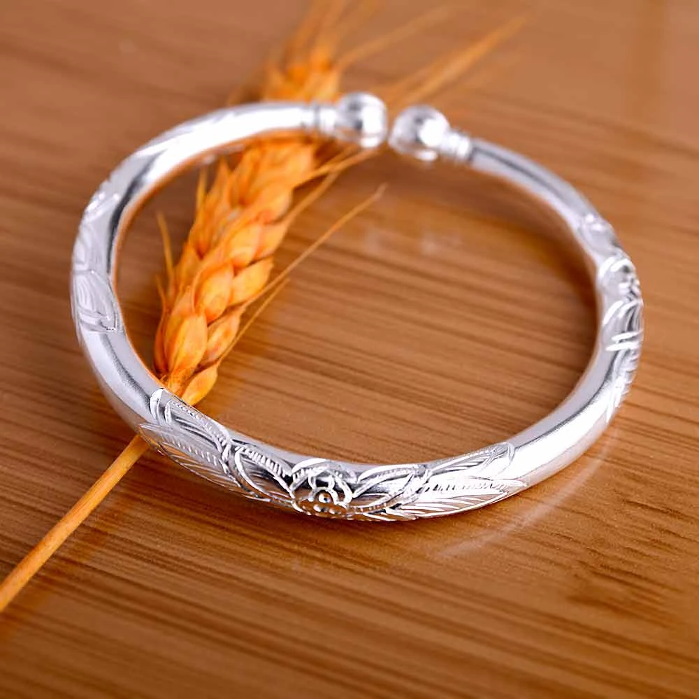 足银手镯 《三朵雪莲》手工手镯 足银999手工南瓜手镯（约53克）