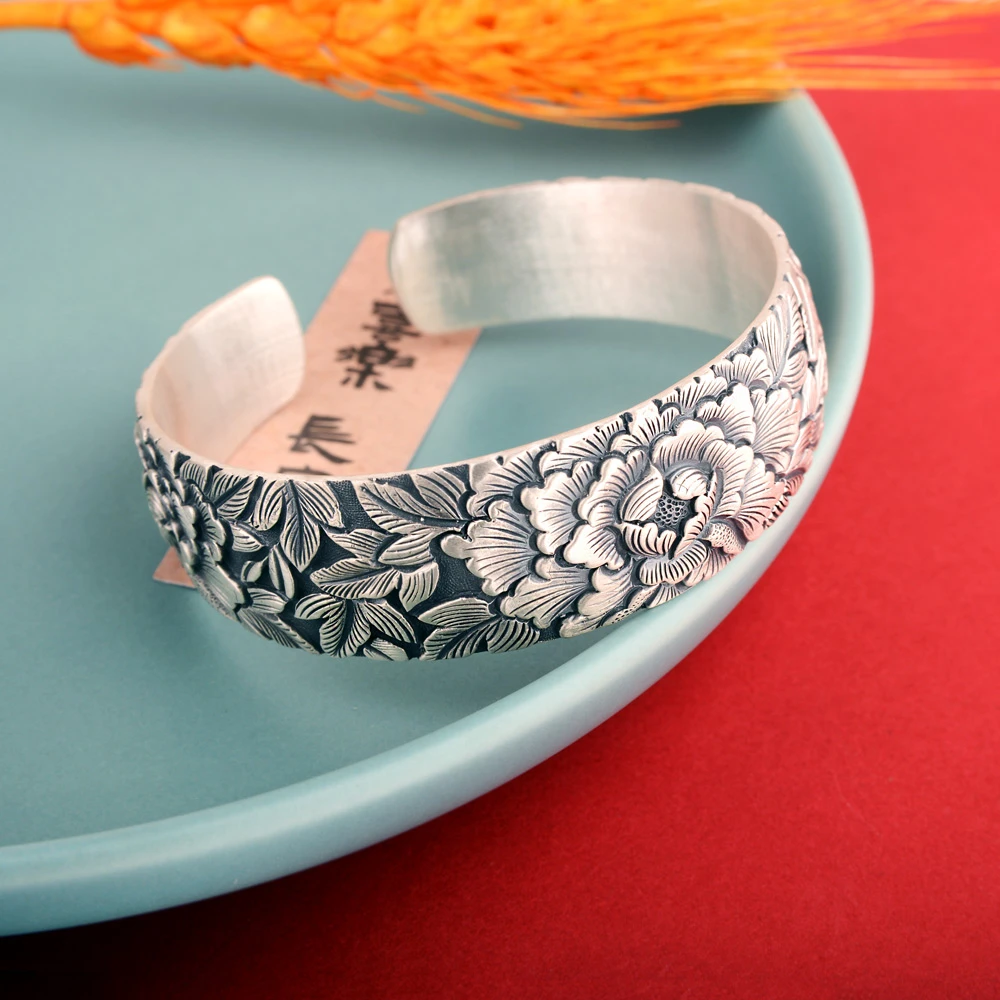 足银手镯 《手工繁花》足银999手工錾刻手镯（约78克）