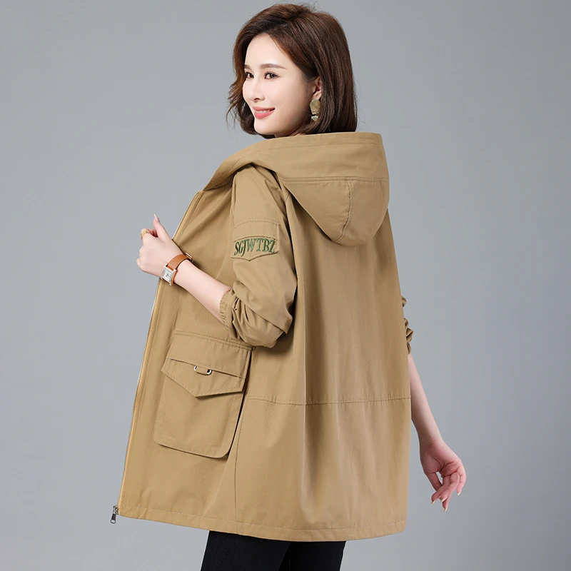 中年妈妈连帽风衣女中长款2024春秋新款大码宽松休闲洋气减龄外套