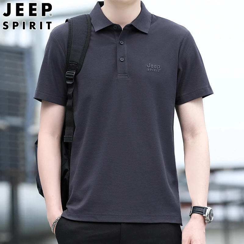 JEEPSPIRIT2024夏季款短袖T恤男士翻领纯色POLO衫宽松大码体恤衫