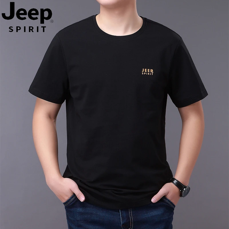新品吉普圆领短袖T恤男胖子夏季宽松百搭纯色半袖体恤加肥加大码