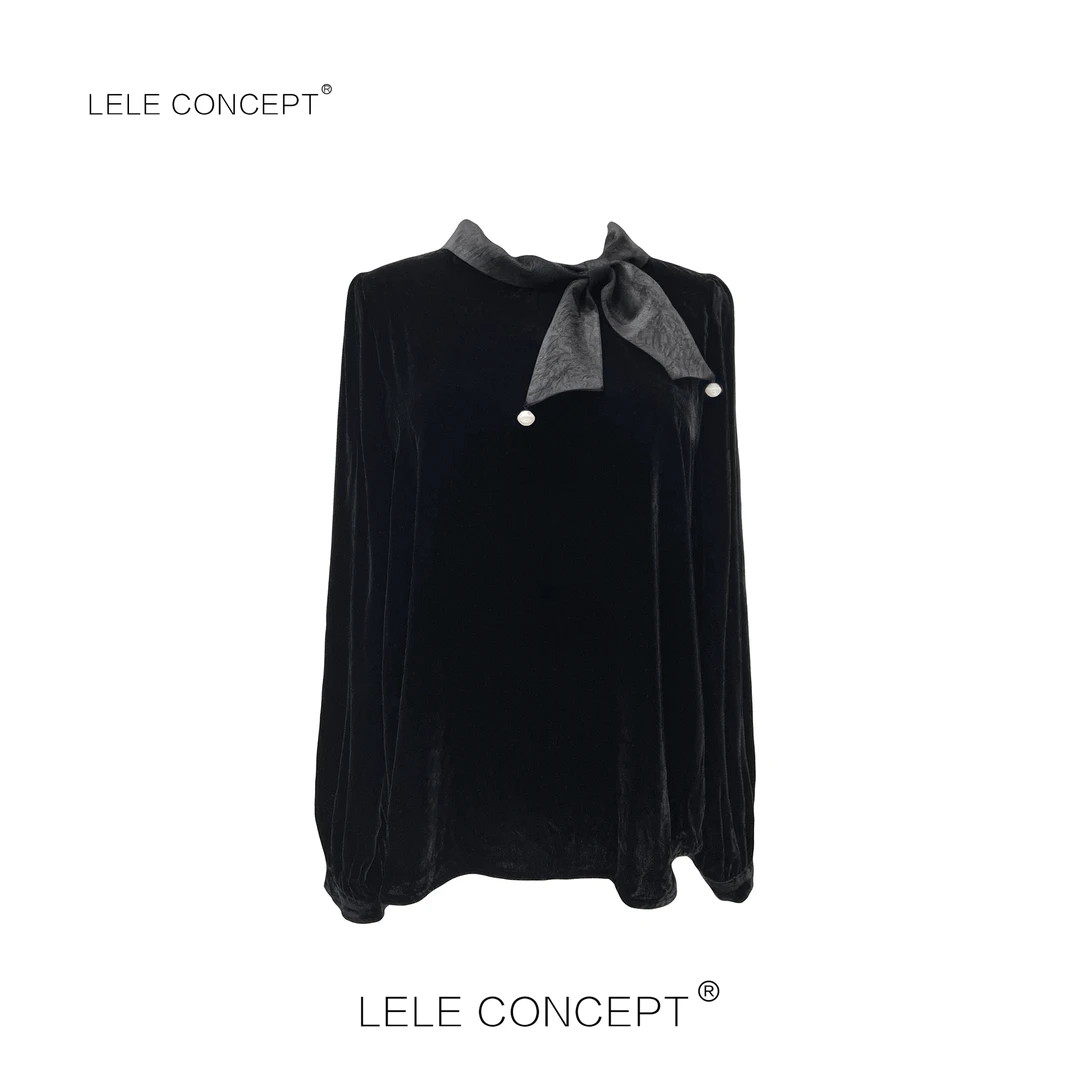 LELE CONCEPT 时尚优雅气质知性高级感百搭系带丝绒衬衫上衣S0623