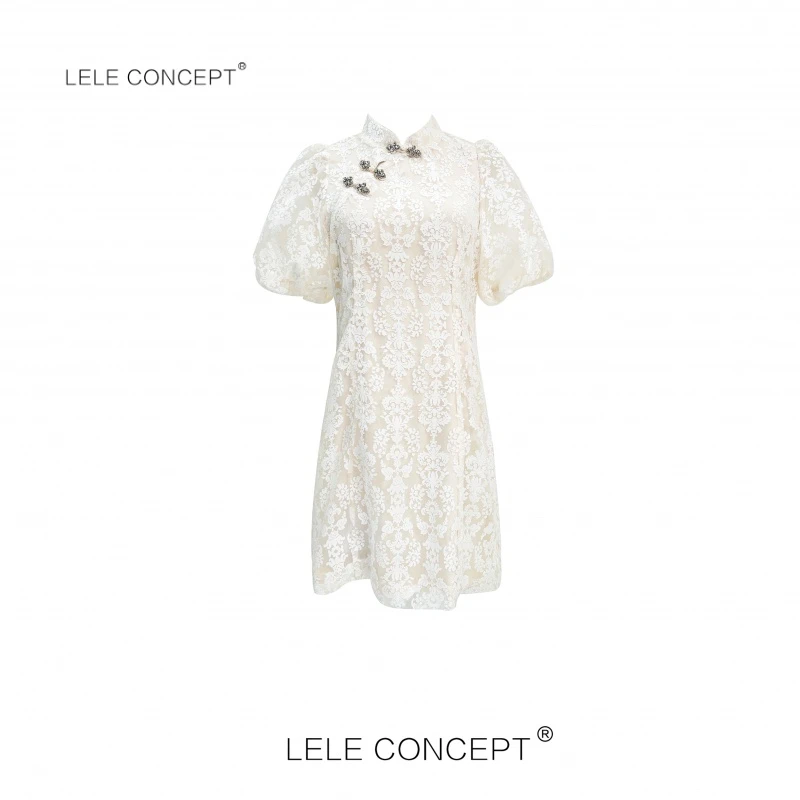LELE CONCEPT 新中式烧花蕾丝泡泡袖连衣裙Q0306