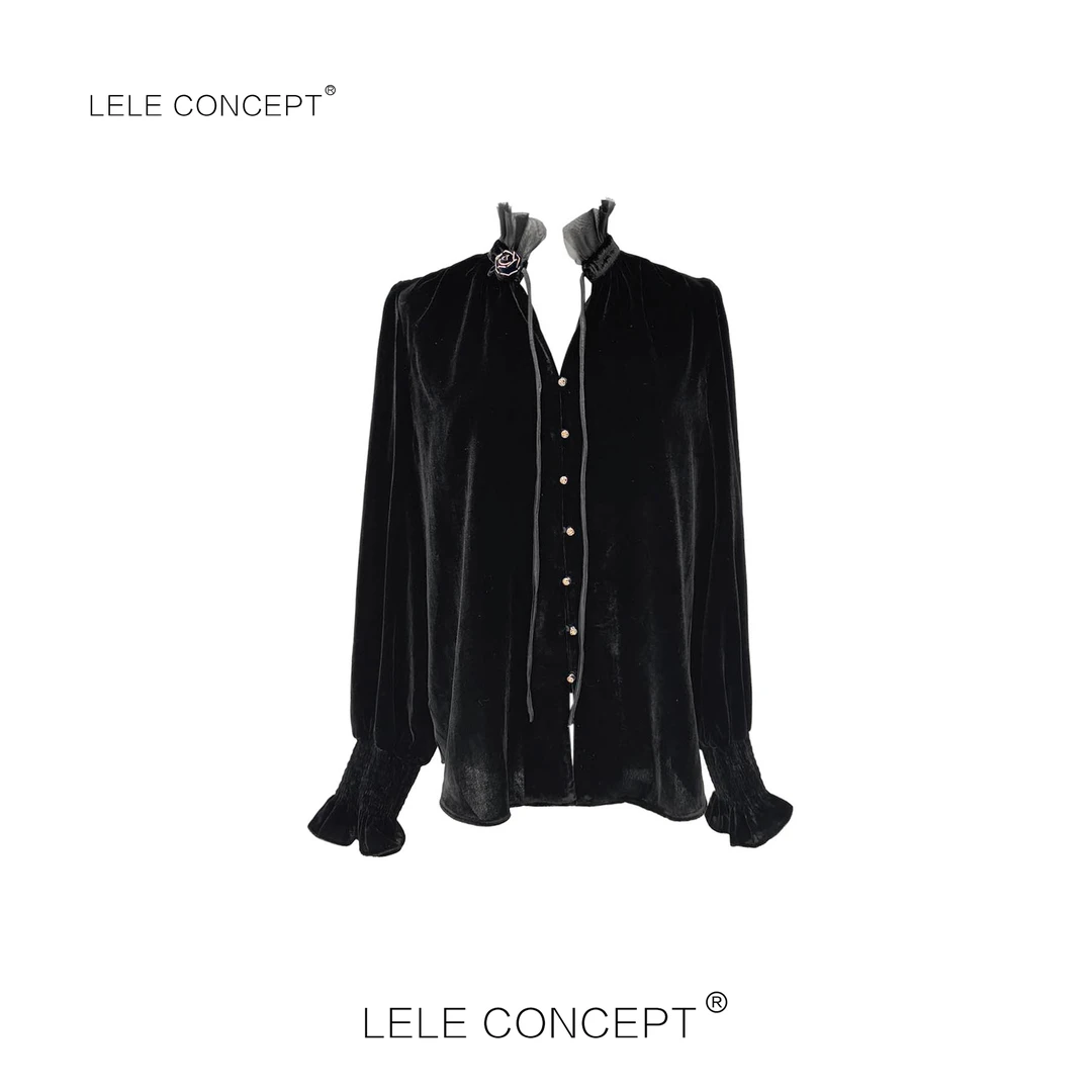 LELE CONCEPT 法式气质时尚小众轻奢花朵花朵丝绒上衣S0626