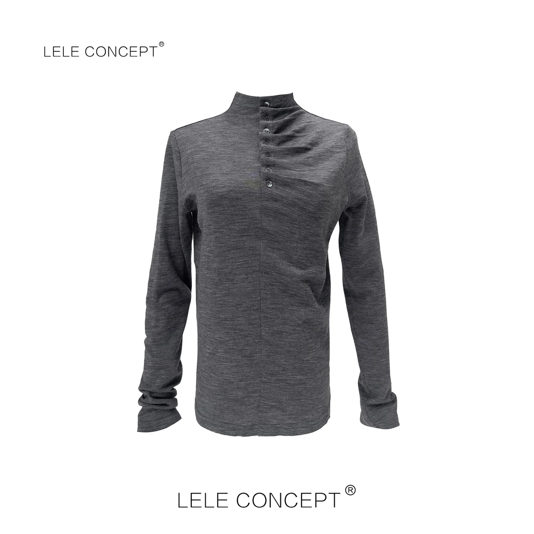 LELE CONCEPT 百搭修身时尚褶皱一排扣上衣打底衫S0630