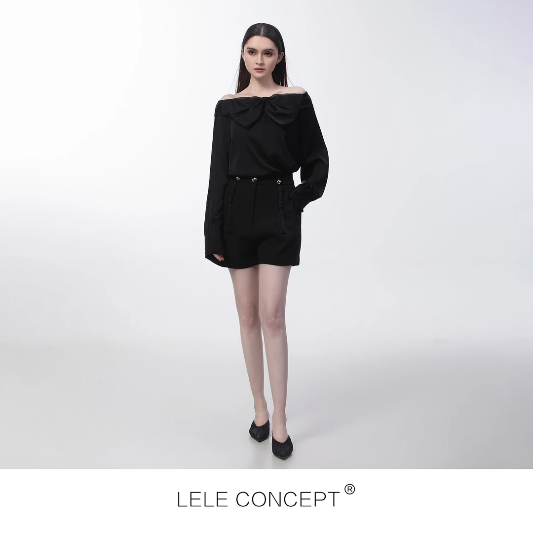 LELE CONCEPT 设计感小众甜美气质露肩一字领蝴蝶结衬衫S0224