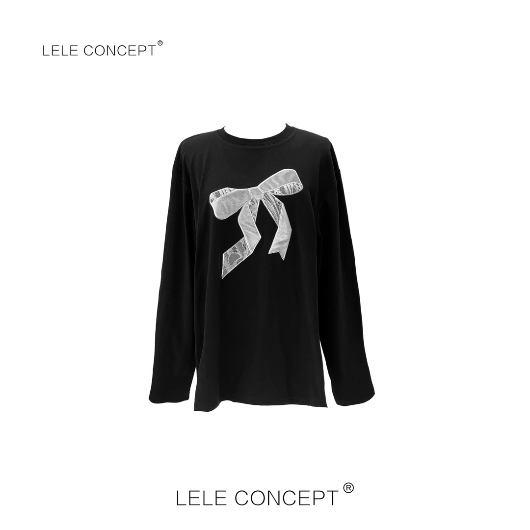 LELE CONCEPT 时尚休闲减龄宽松百搭印花蝴蝶结长袖T恤TX035