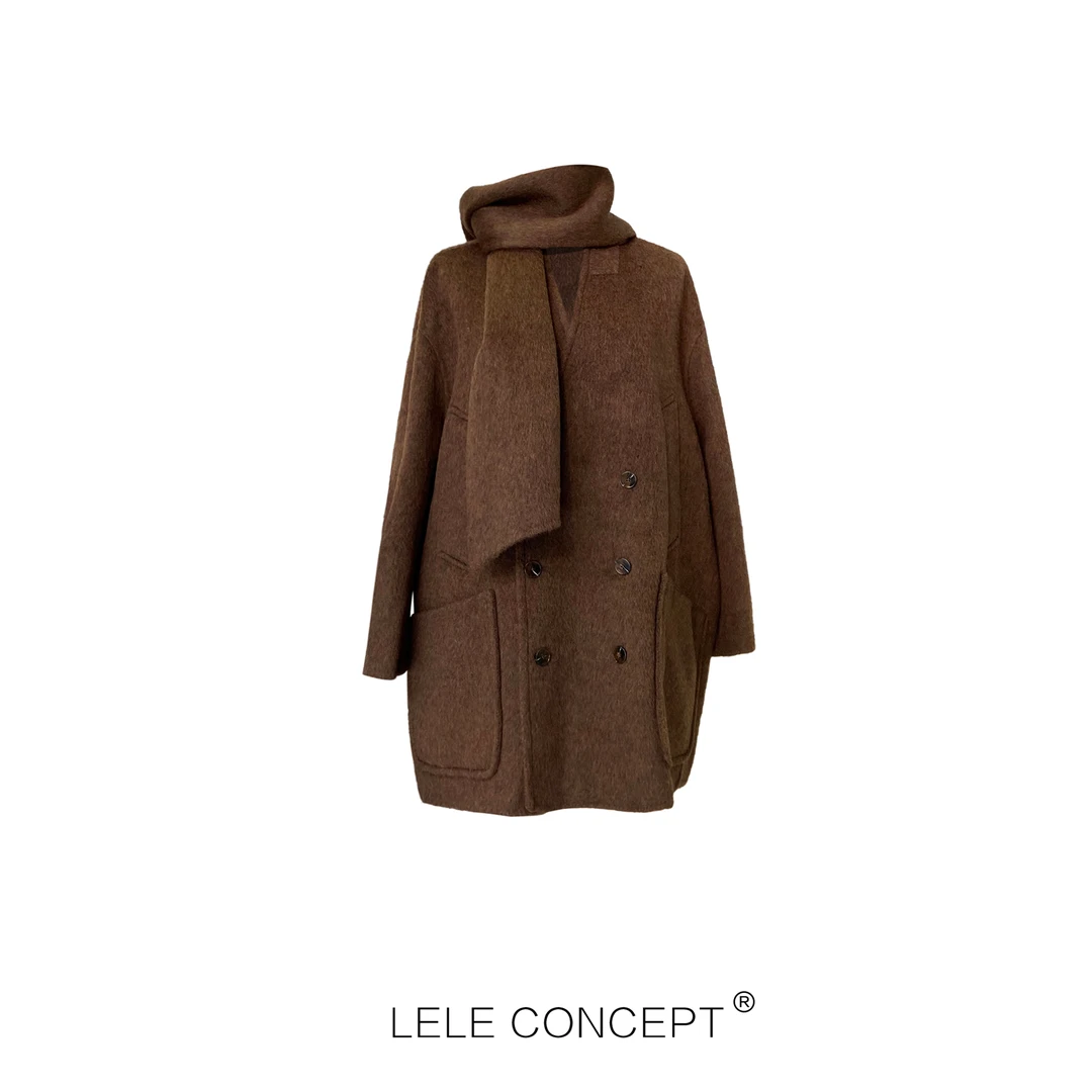 LELE CONCEPT 大兜短款大衣带围巾时尚宽松设计师高级减龄D0042