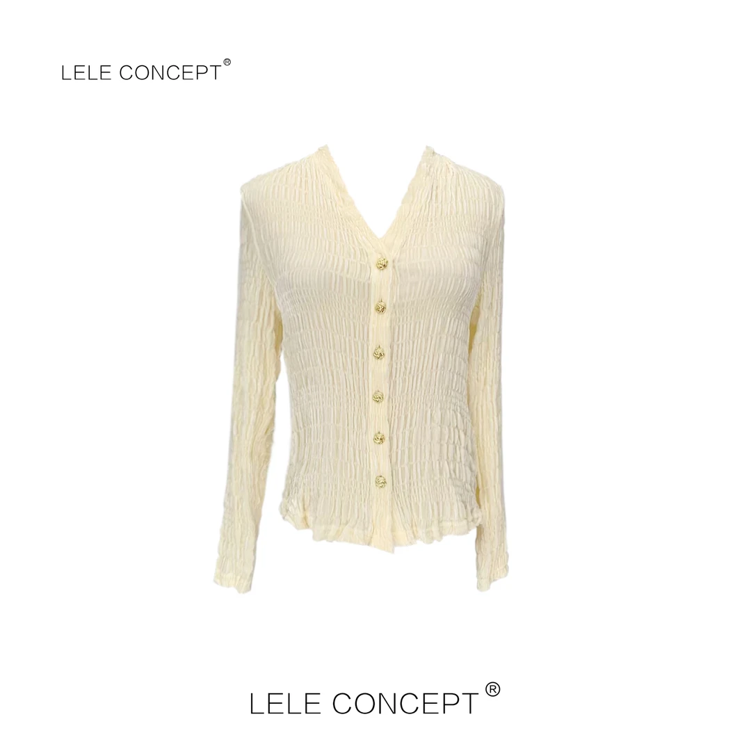 LELE CONCEPT 法式轻奢设计款V领丝绒金扣上衣S0563