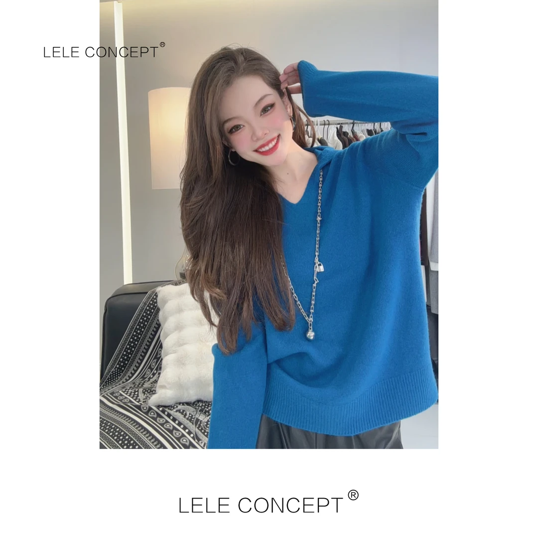 LELE CONCEPT休闲百搭软糯V领连帽针织衫毛衣S0595