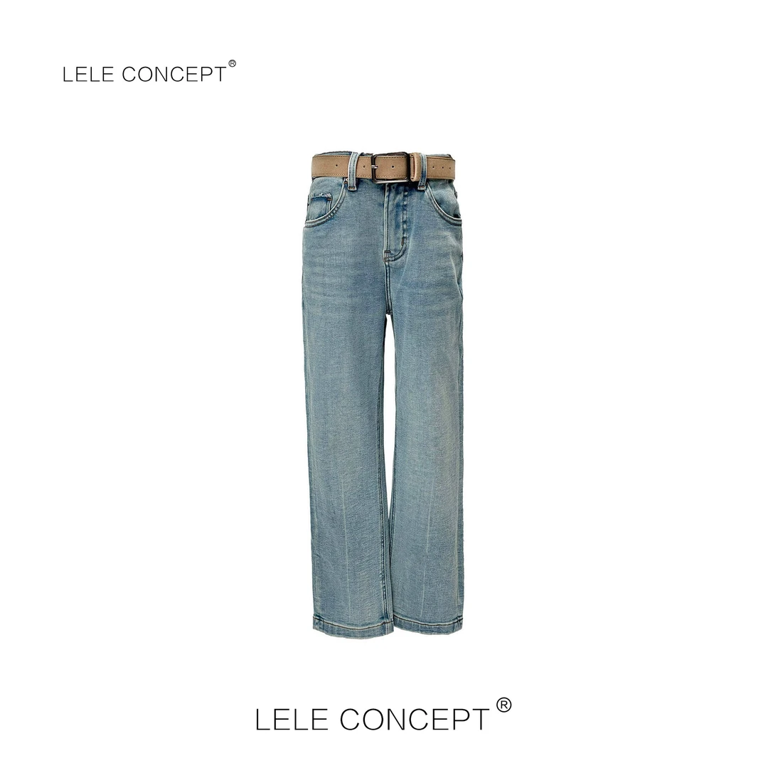 LELE CONCEPT 时尚百搭休闲阔腿直筒腰带浅蓝牛仔裤K0287