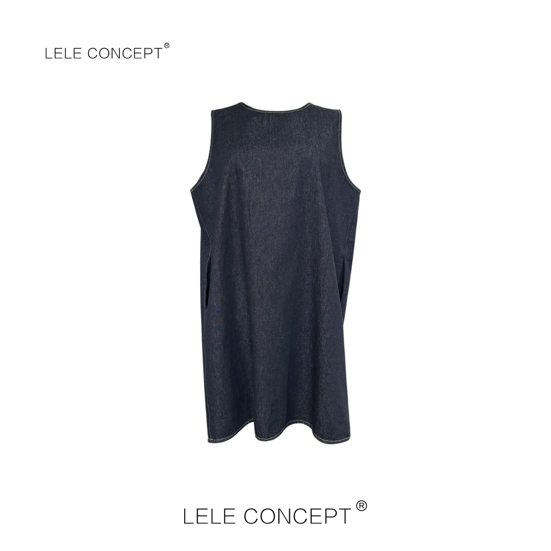 LELE CONCEPT 百搭遮肉显瘦复古深蓝无袖牛仔宽松连衣裙Q0368