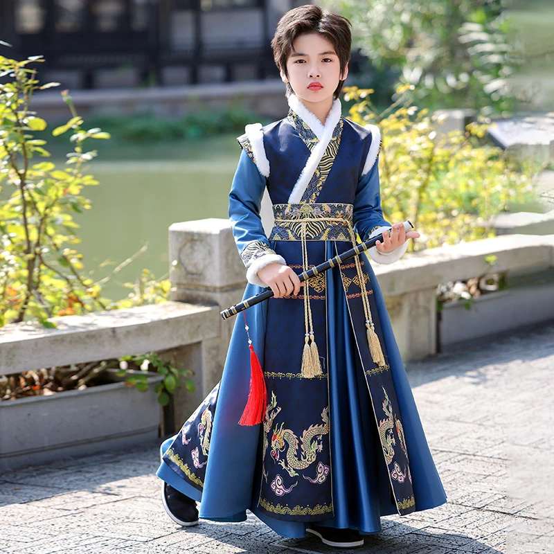 男童唐装汉服冬款加绒加厚儿童古风新中式拜年服男宝过年服国学服