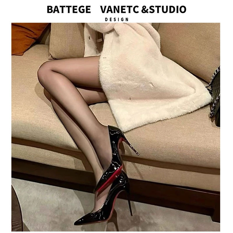 黑色尖头红底高跟鞋2025早春新款漆皮性感细跟浅口单鞋职业工作鞋