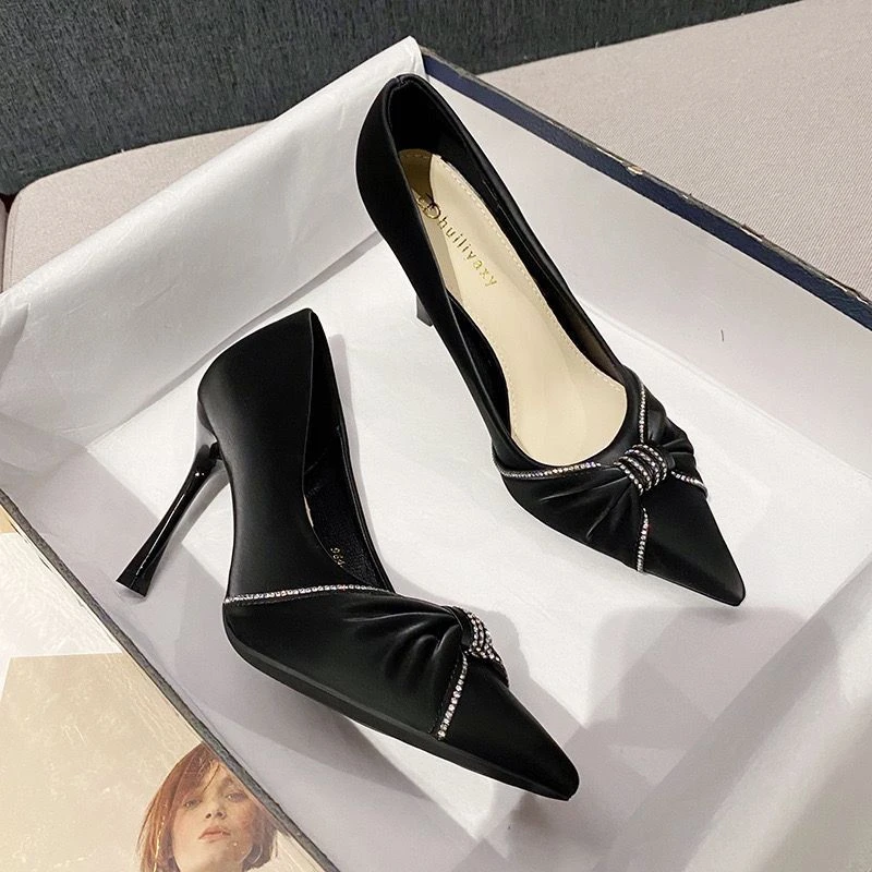 2024夏季新款法式水钻单鞋女细跟中跟女鞋尖头细跟浅口高跟鞋女鞋