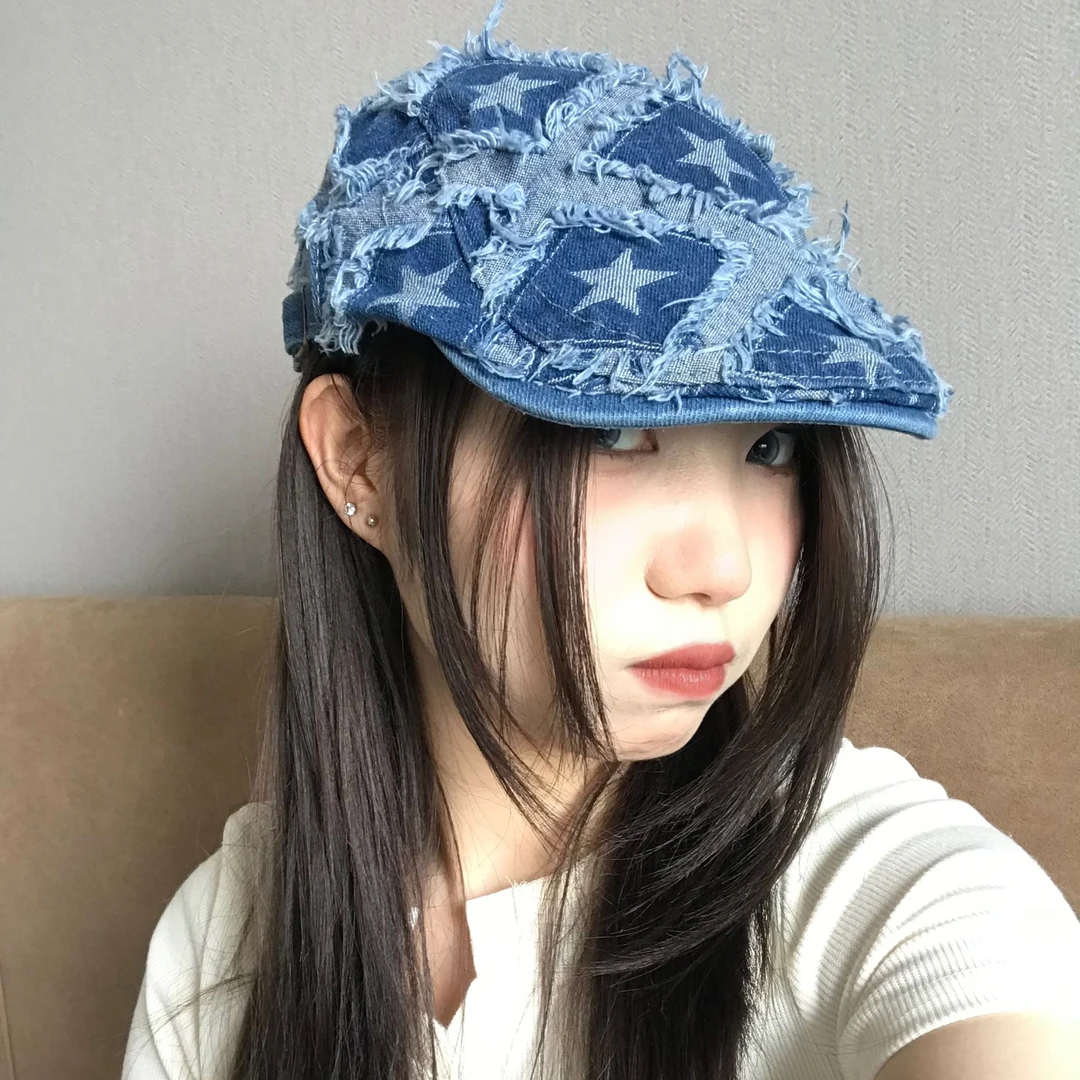 五角星破洞牛仔前进帽女蓝色时尚百搭复古水洗韩版显脸小流苏做旧