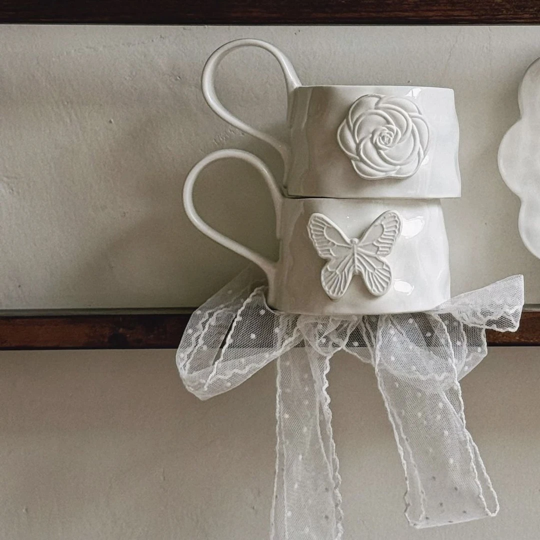 《新疆包邮》法式白色立体花杯碟纯白色 300ml 高级感