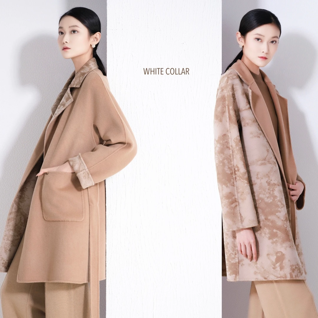 国风印花米驼羊毛双面西服领贴袋中大衣