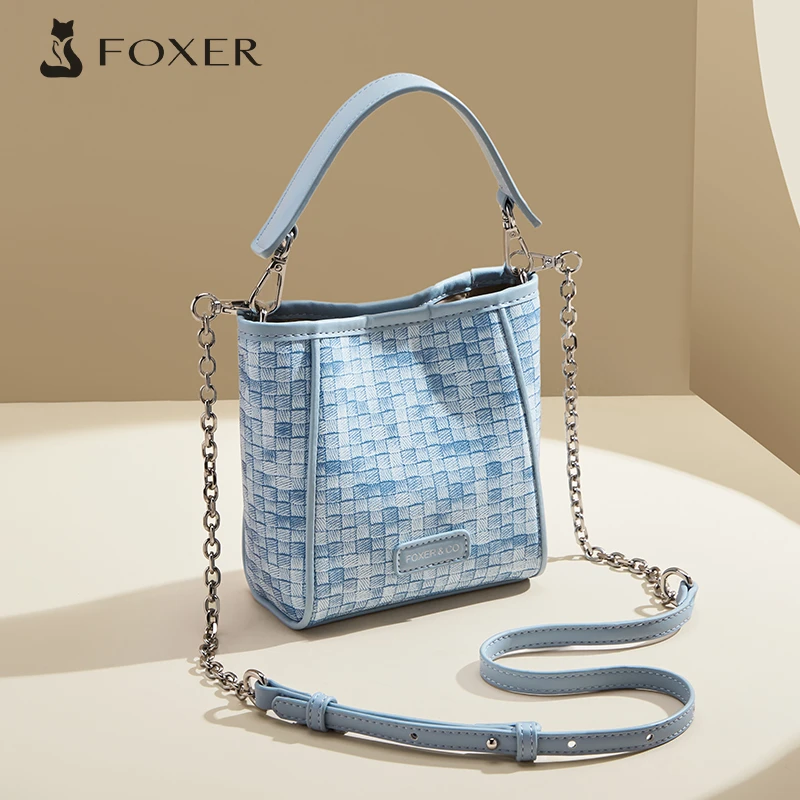 FOXER单肩时尚包包百搭轻奢水桶包女士编织小众上班族通勤包夏天