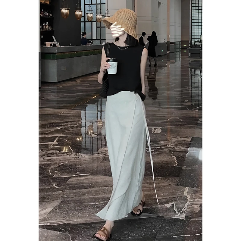 2025夏季新款轻熟风宽松无袖针织上衣气质不规则高腰绑带半身裙