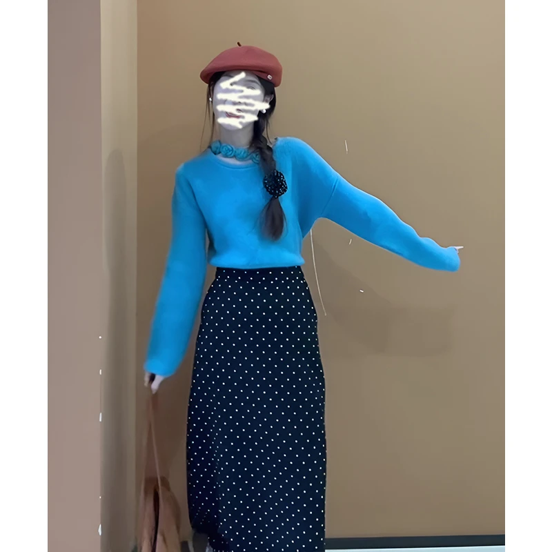 2025秋季新款温柔风立体花朵百搭针织毛衣气质高腰显瘦波点半身裙