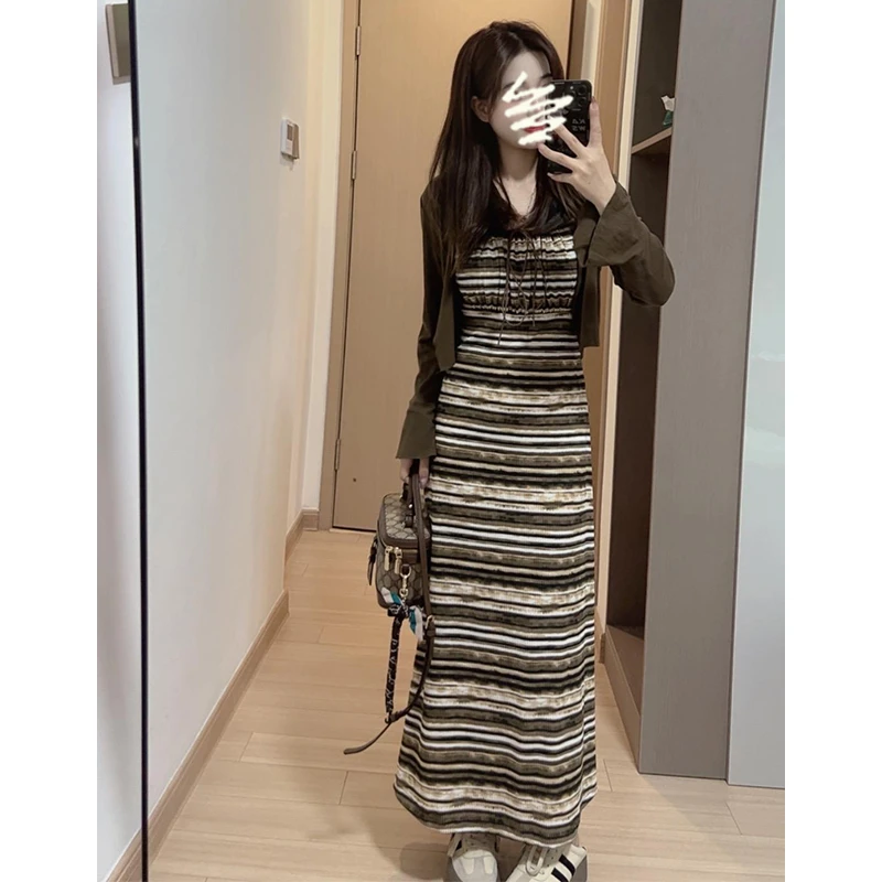 A691#新款美拉德短款喇叭袖开衫气质收腰中长款条纹吊带连衣裙