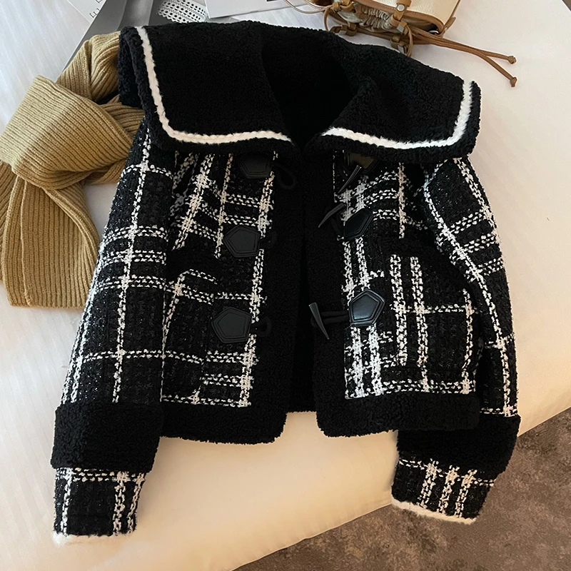 2210法式小香风毛毛外套女冬加厚韩版宽松粗花呢外套海军领上衣女