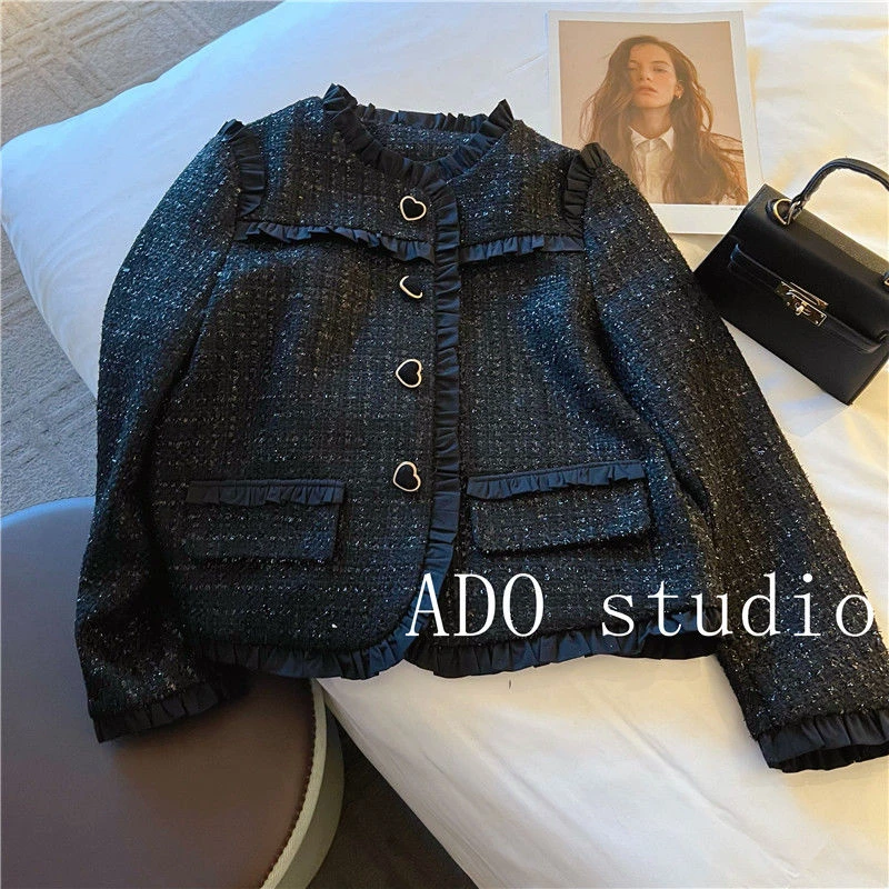 2249法式黑色粗花呢花边短外套新款高级气质单排扣小香风上衣女