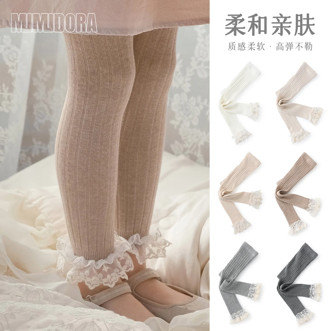 女童打底袜春秋款宝宝连体袜子儿童打底裤纯色蕾丝花边袜棉袜春季