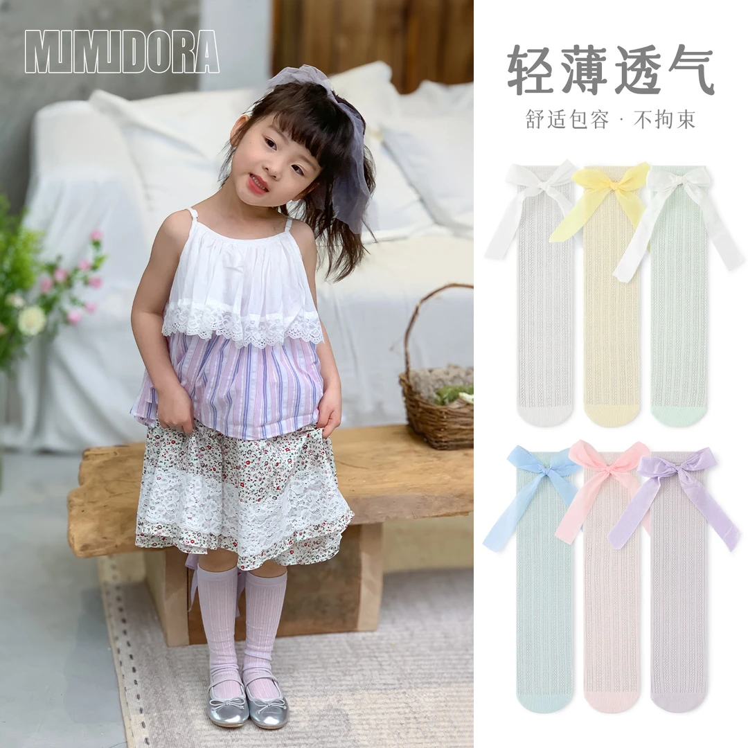 儿童袜子夏季薄款网眼透气宝宝长筒袜女童公主袜多彩蝴蝶结中筒袜