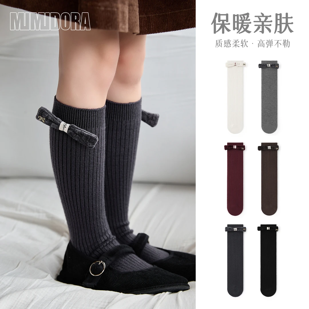 儿童袜子秋冬季加厚加绒宝宝长筒袜可爱蝴蝶结女童中筒袜小腿袜