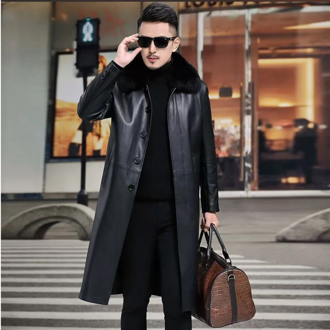 冬季经典男士长款内里加绒加厚皮大衣外套