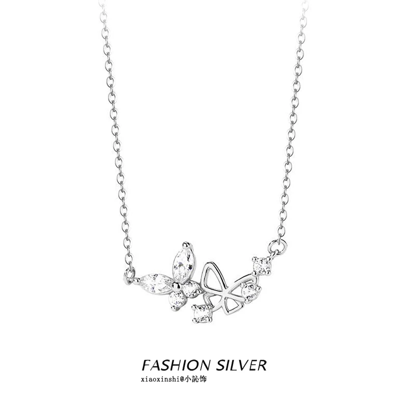 坠链均925银 925纯银双蝴蝶项链女时尚轻奢设计闪钻高级感锁骨链