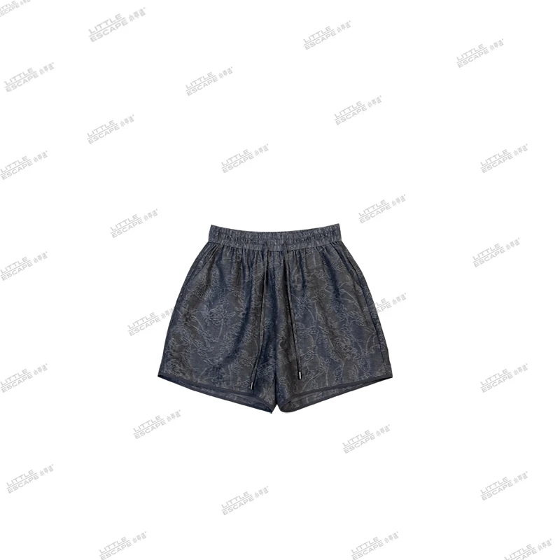 【小乖逃】新款花纹灰色短裤双口袋抽绳阔腿裤弹力松紧腰Q6446