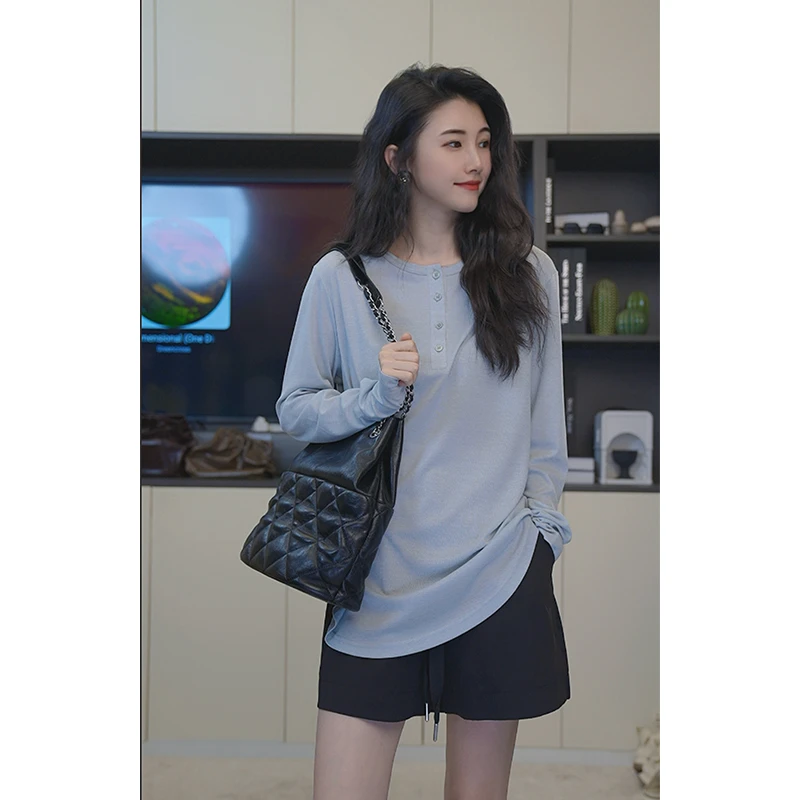 小乖逃D雾霾蓝 亨利衫长袖 四颗扣子 休闲防晒 240535